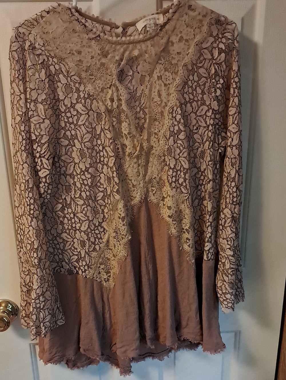 Lace Overlay Long Sleeve Top in Taupe
